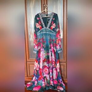 Stunning Green & Pink Dalia MacPhee Designer Floral Maxi Dress NWT
